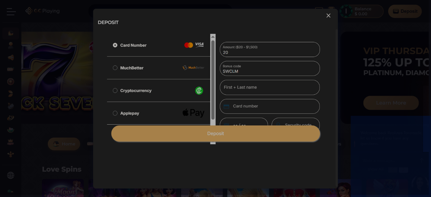 GC Playing Casino Image - Deposits