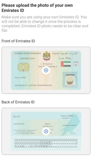 PayBy payment ID upload Emirates ID upload form with a sample ID card image and upload icon.