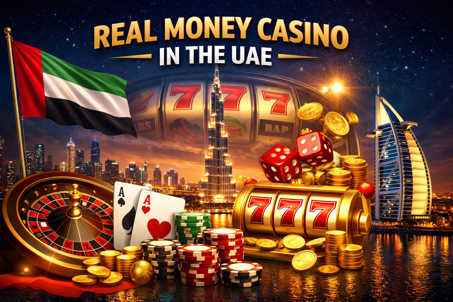 Dubai skyline and casino excitement Real money online casino concept in the UAE featuring casino chips, playing cards, and UAE-themed elements