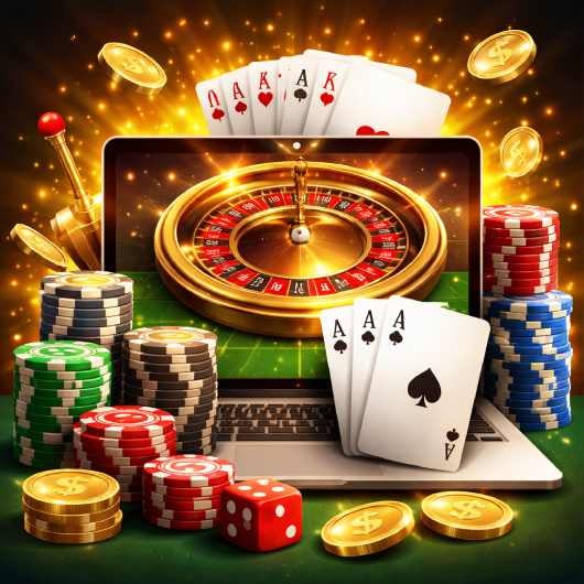 Online casino-themed illustration with roulette wheel, poker chips, dice, and cards around a laptop.